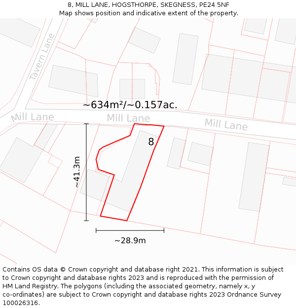 8, MILL LANE, HOGSTHORPE, SKEGNESS, PE24 5NF: Plot and title map