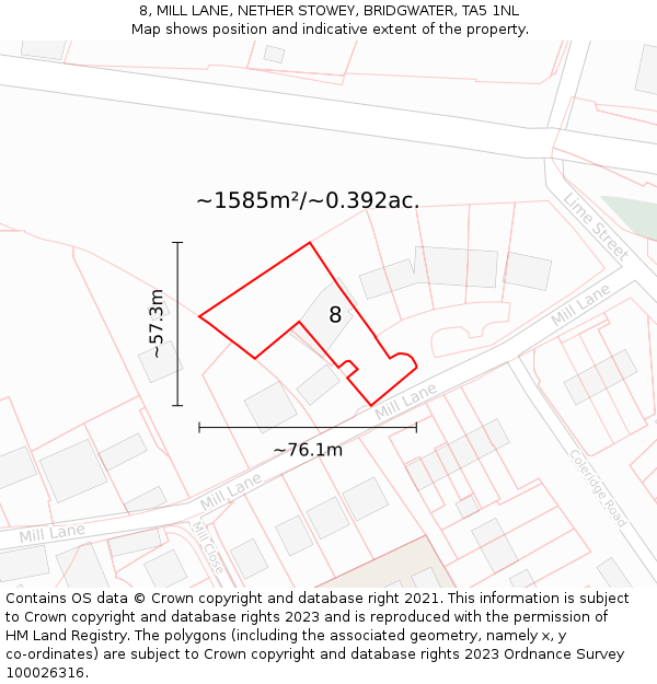 8, MILL LANE, NETHER STOWEY, BRIDGWATER, TA5 1NL: Plot and title map