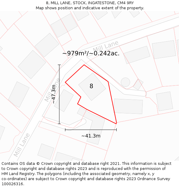 8, MILL LANE, STOCK, INGATESTONE, CM4 9RY: Plot and title map