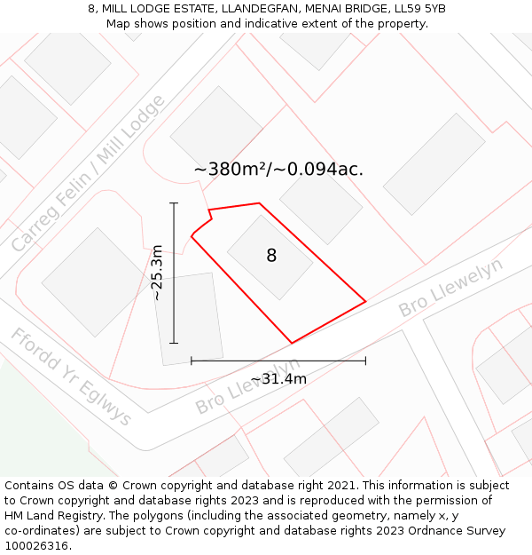8, MILL LODGE ESTATE, LLANDEGFAN, MENAI BRIDGE, LL59 5YB: Plot and title map
