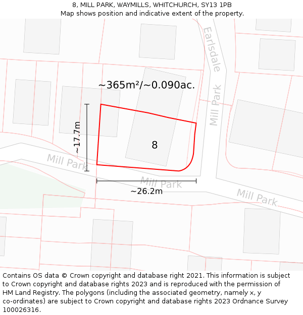 8, MILL PARK, WAYMILLS, WHITCHURCH, SY13 1PB: Plot and title map