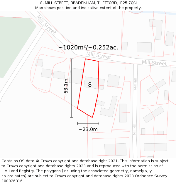 8, MILL STREET, BRADENHAM, THETFORD, IP25 7QN: Plot and title map