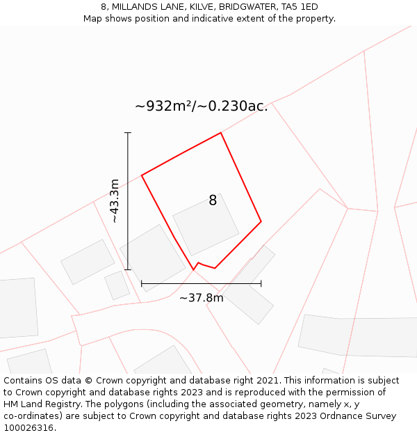 8, MILLANDS LANE, KILVE, BRIDGWATER, TA5 1ED: Plot and title map