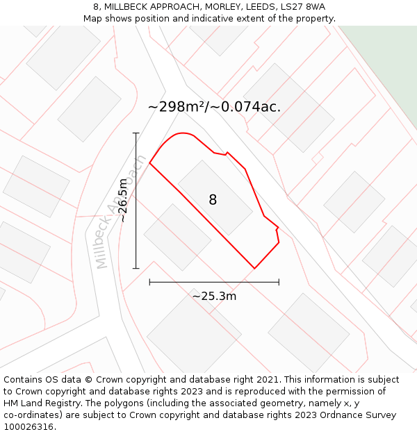 8, MILLBECK APPROACH, MORLEY, LEEDS, LS27 8WA: Plot and title map