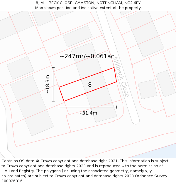 8, MILLBECK CLOSE, GAMSTON, NOTTINGHAM, NG2 6PY: Plot and title map