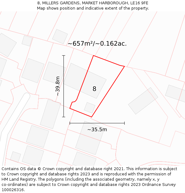 8, MILLERS GARDENS, MARKET HARBOROUGH, LE16 9FE: Plot and title map