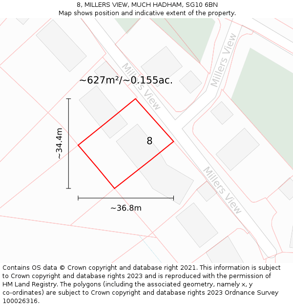 8, MILLERS VIEW, MUCH HADHAM, SG10 6BN: Plot and title map