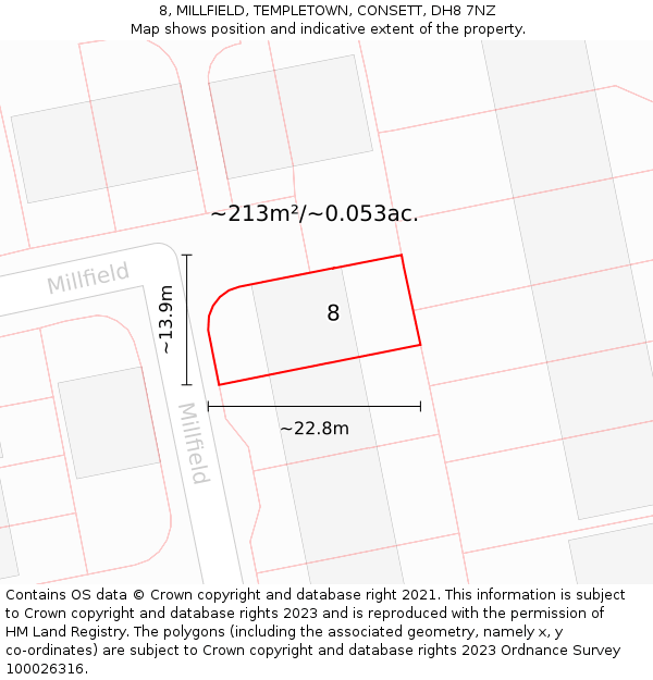 8, MILLFIELD, TEMPLETOWN, CONSETT, DH8 7NZ: Plot and title map