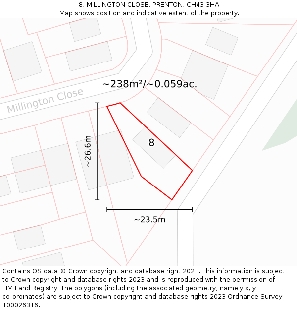 8, MILLINGTON CLOSE, PRENTON, CH43 3HA: Plot and title map