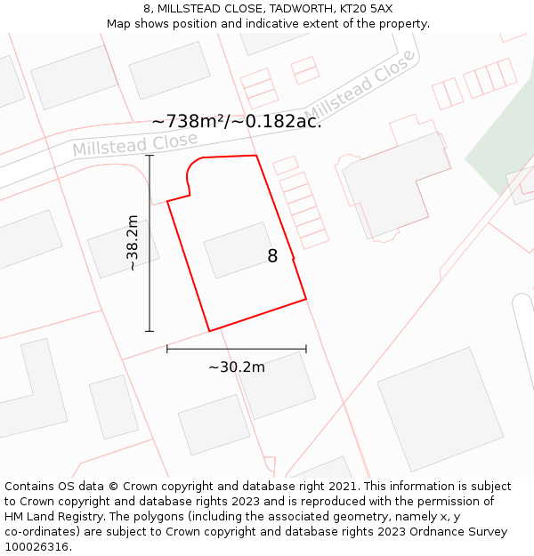 8, MILLSTEAD CLOSE, TADWORTH, KT20 5AX: Plot and title map