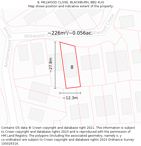 8, MILLWOOD CLOSE, BLACKBURN, BB2 4UG: Plot and title map