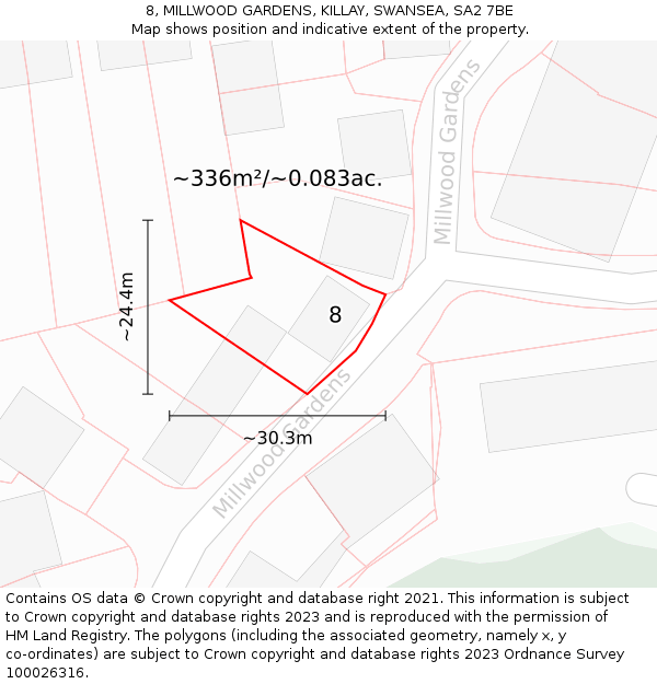 8, MILLWOOD GARDENS, KILLAY, SWANSEA, SA2 7BE: Plot and title map