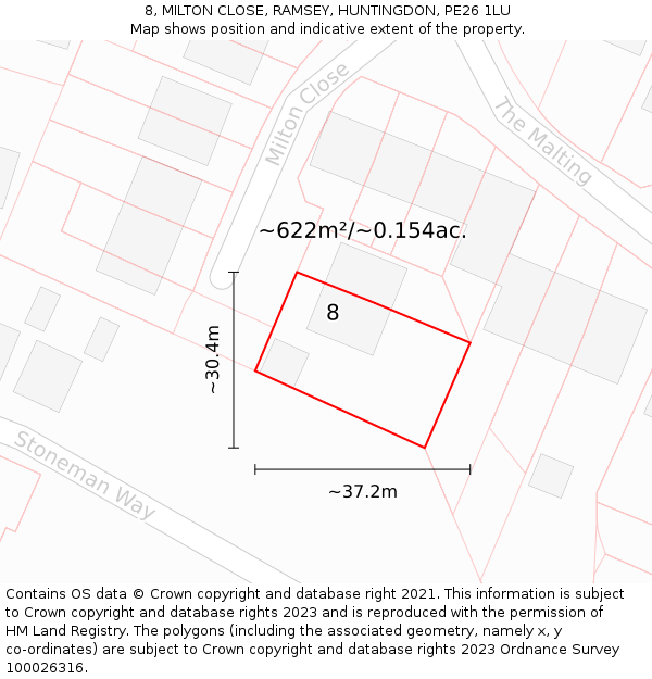 8, MILTON CLOSE, RAMSEY, HUNTINGDON, PE26 1LU: Plot and title map