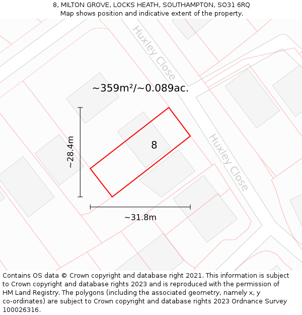 8, MILTON GROVE, LOCKS HEATH, SOUTHAMPTON, SO31 6RQ: Plot and title map