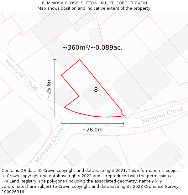 8, MIMOSA CLOSE, SUTTON HILL, TELFORD, TF7 4DU: Plot and title map