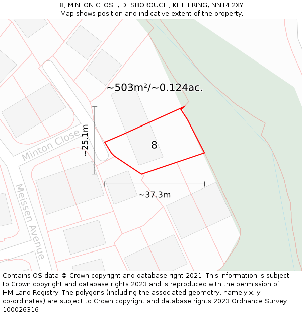 8, MINTON CLOSE, DESBOROUGH, KETTERING, NN14 2XY: Plot and title map