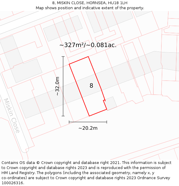 8, MISKIN CLOSE, HORNSEA, HU18 1LH: Plot and title map