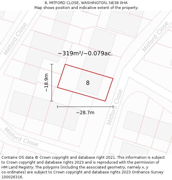 8, MITFORD CLOSE, WASHINGTON, NE38 0HA: Plot and title map