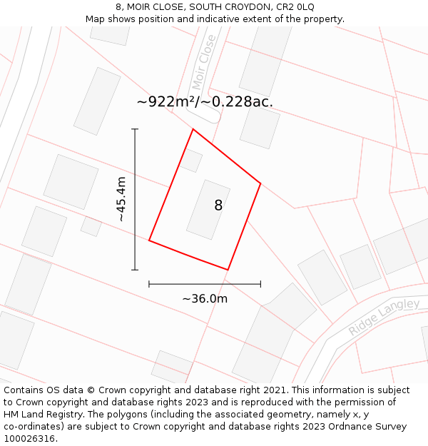 8, MOIR CLOSE, SOUTH CROYDON, CR2 0LQ: Plot and title map