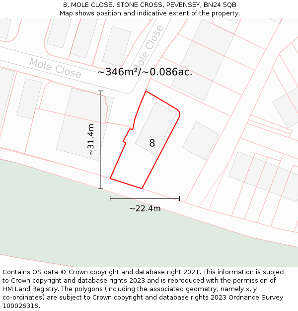8, MOLE CLOSE, STONE CROSS, PEVENSEY, BN24 5QB: Plot and title map