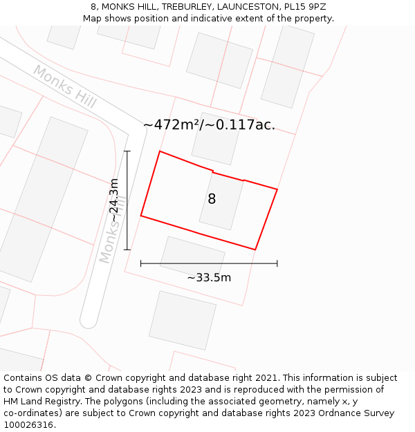 8, MONKS HILL, TREBURLEY, LAUNCESTON, PL15 9PZ: Plot and title map