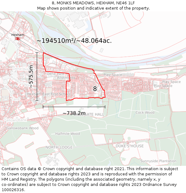 8, MONKS MEADOWS, HEXHAM, NE46 1LF: Plot and title map