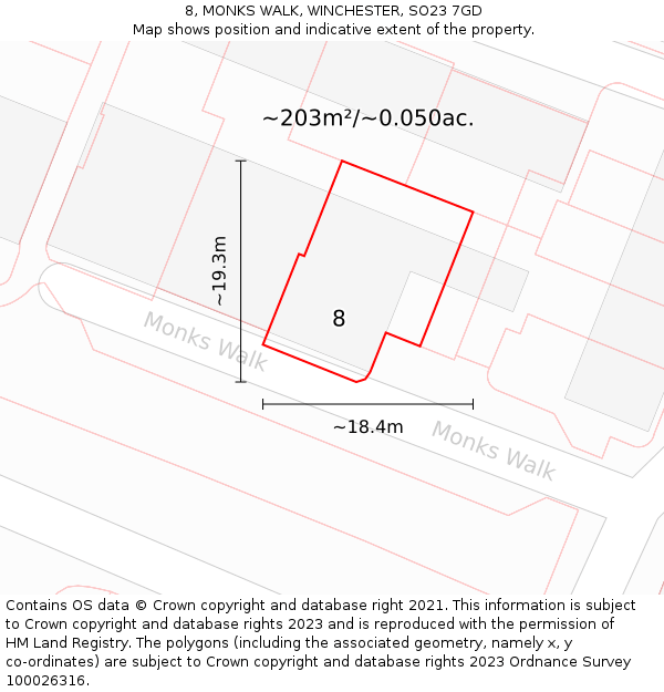 8, MONKS WALK, WINCHESTER, SO23 7GD: Plot and title map