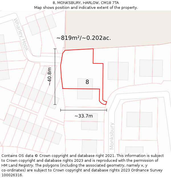 8, MONKSBURY, HARLOW, CM18 7TA: Plot and title map