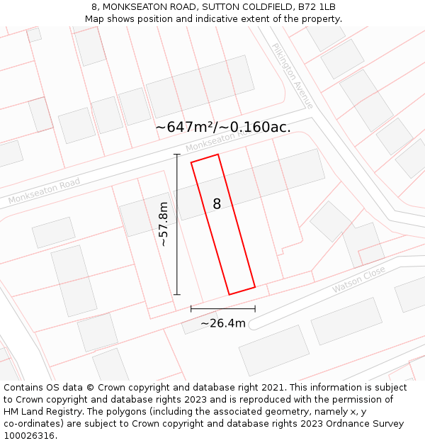 8, MONKSEATON ROAD, SUTTON COLDFIELD, B72 1LB: Plot and title map