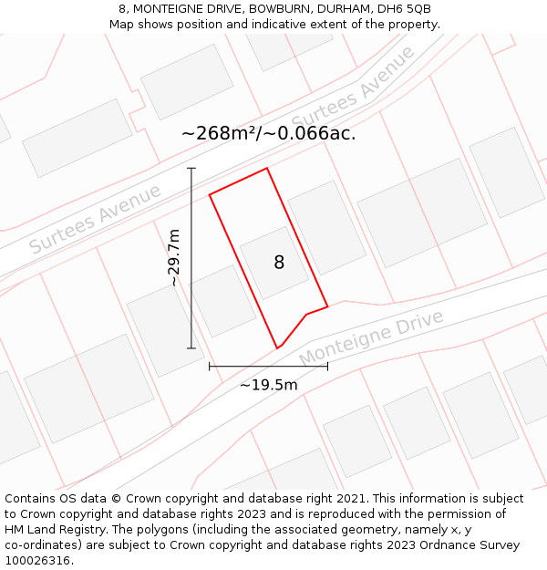 8, MONTEIGNE DRIVE, BOWBURN, DURHAM, DH6 5QB: Plot and title map