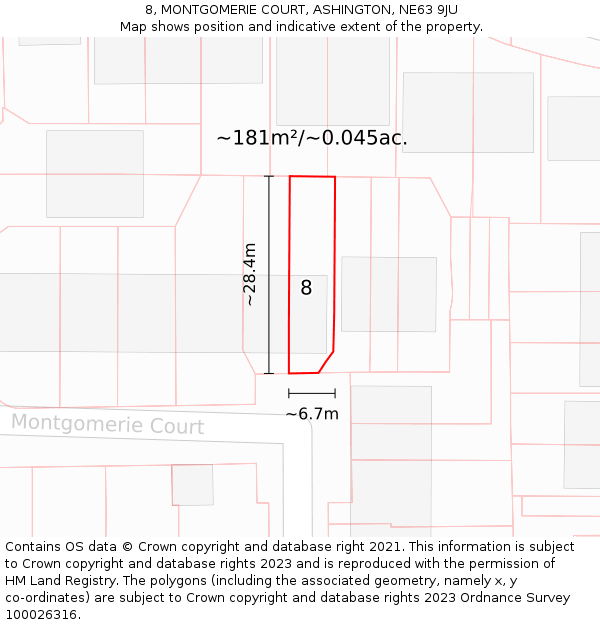 8, MONTGOMERIE COURT, ASHINGTON, NE63 9JU: Plot and title map