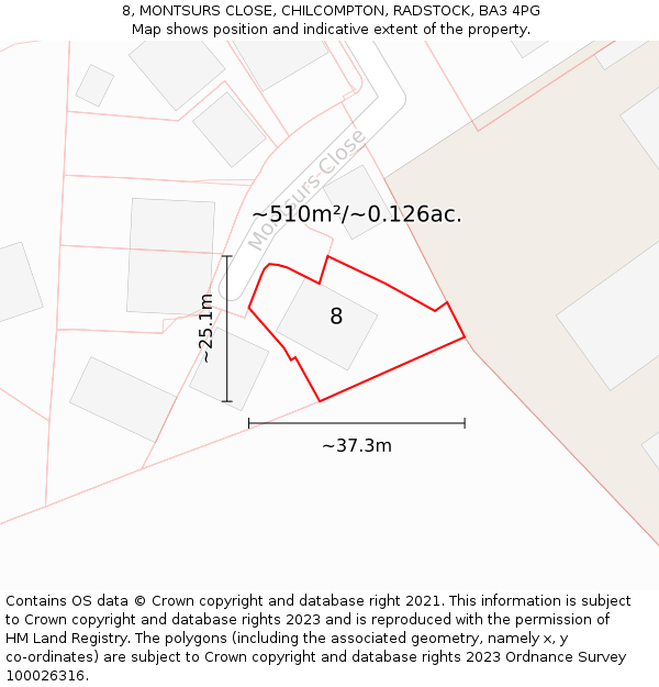 8, MONTSURS CLOSE, CHILCOMPTON, RADSTOCK, BA3 4PG: Plot and title map