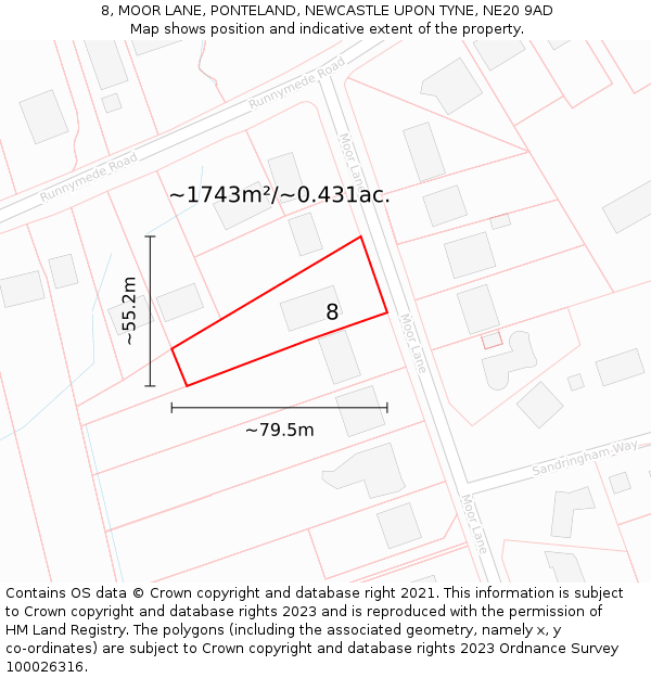 8, MOOR LANE, PONTELAND, NEWCASTLE UPON TYNE, NE20 9AD: Plot and title map