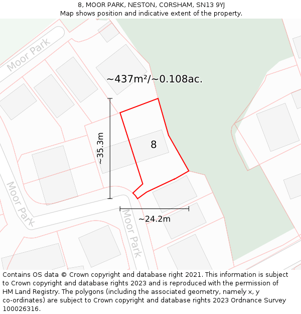 8, MOOR PARK, NESTON, CORSHAM, SN13 9YJ: Plot and title map