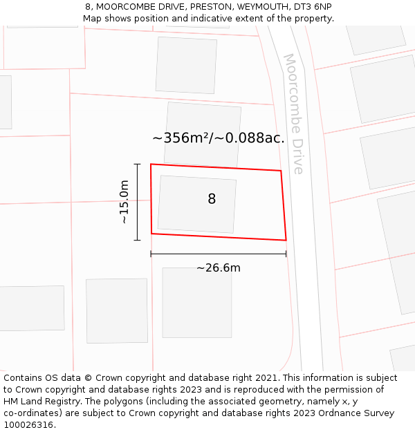 8, MOORCOMBE DRIVE, PRESTON, WEYMOUTH, DT3 6NP: Plot and title map