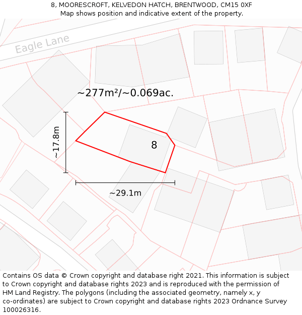 8, MOORESCROFT, KELVEDON HATCH, BRENTWOOD, CM15 0XF: Plot and title map