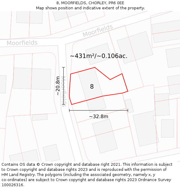 8, MOORFIELDS, CHORLEY, PR6 0EE: Plot and title map