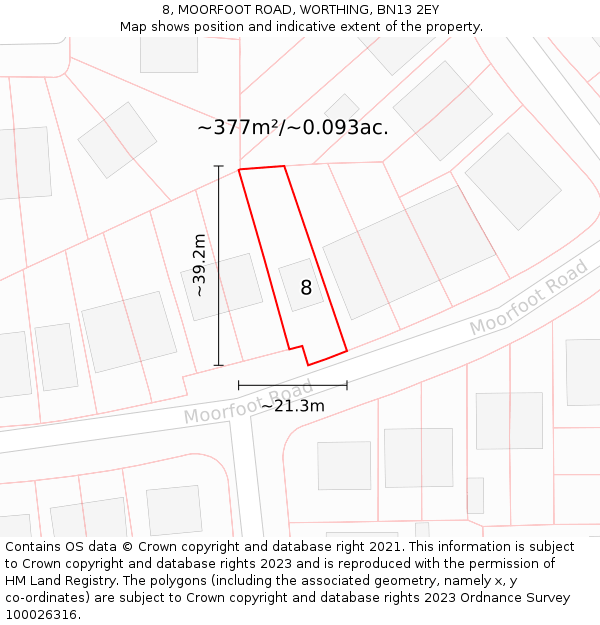 8, MOORFOOT ROAD, WORTHING, BN13 2EY: Plot and title map