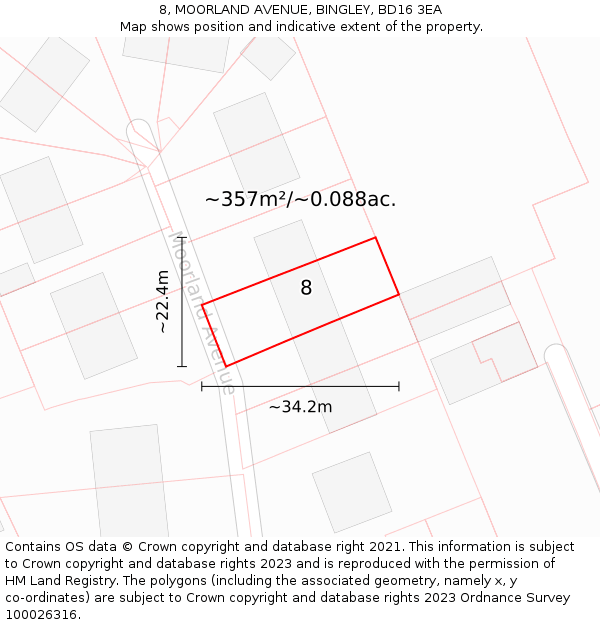 8, MOORLAND AVENUE, BINGLEY, BD16 3EA: Plot and title map