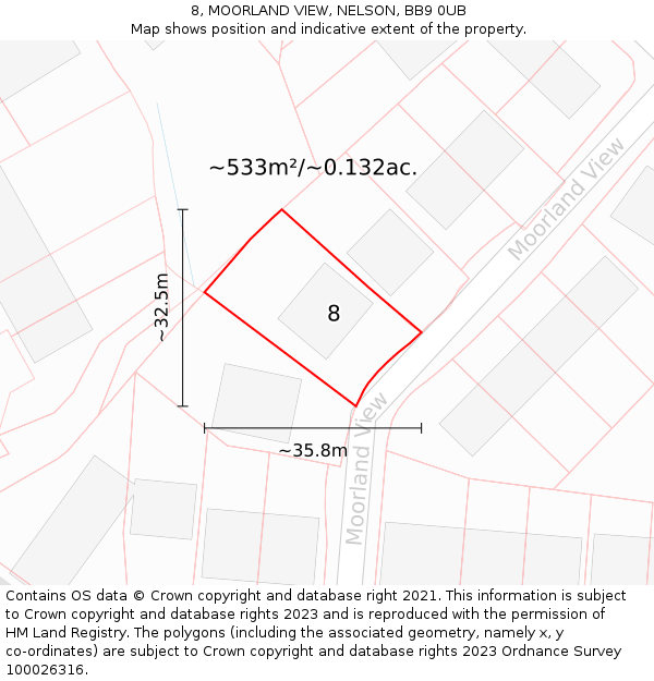 8, MOORLAND VIEW, NELSON, BB9 0UB: Plot and title map