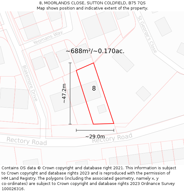 8, MOORLANDS CLOSE, SUTTON COLDFIELD, B75 7QS: Plot and title map