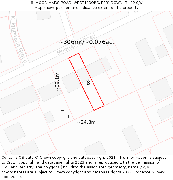 8, MOORLANDS ROAD, WEST MOORS, FERNDOWN, BH22 0JW: Plot and title map