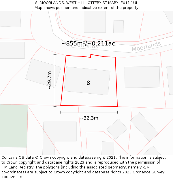 8, MOORLANDS, WEST HILL, OTTERY ST MARY, EX11 1UL: Plot and title map