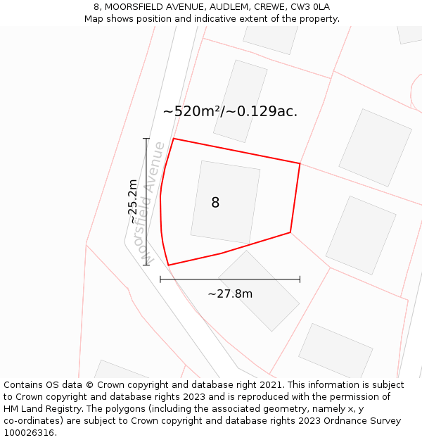 8, MOORSFIELD AVENUE, AUDLEM, CREWE, CW3 0LA: Plot and title map