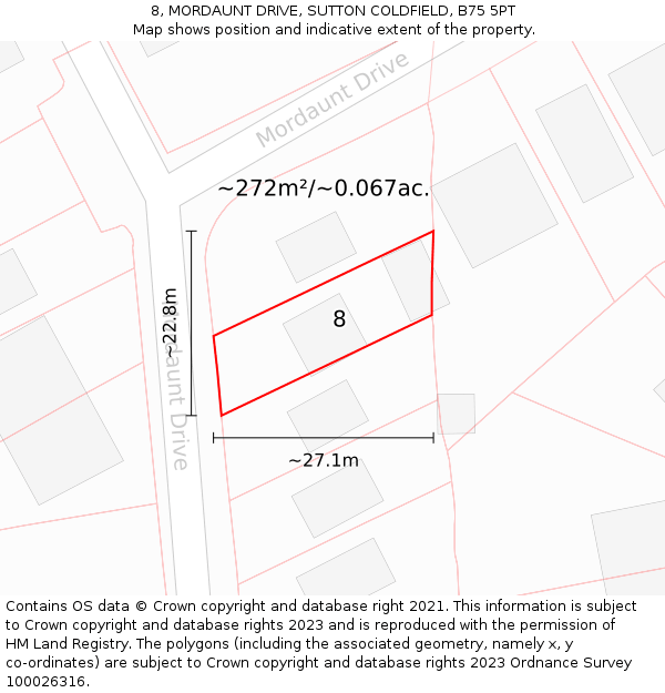 8, MORDAUNT DRIVE, SUTTON COLDFIELD, B75 5PT: Plot and title map