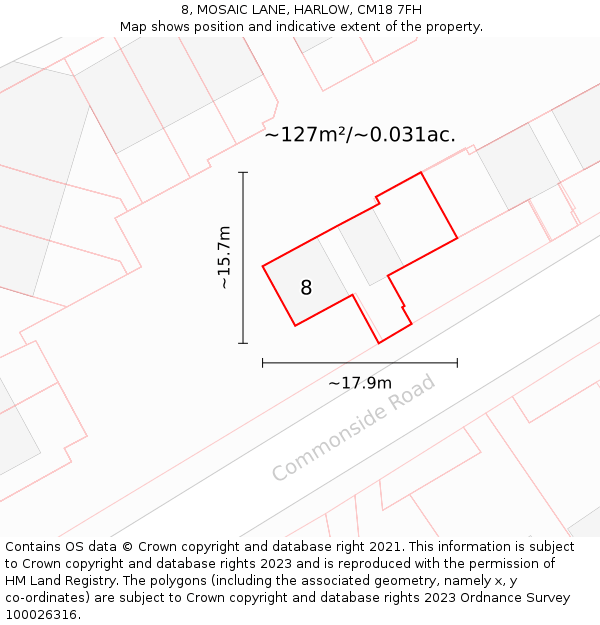 8, MOSAIC LANE, HARLOW, CM18 7FH: Plot and title map