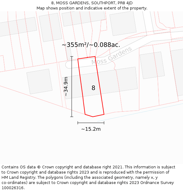 8, MOSS GARDENS, SOUTHPORT, PR8 4JD: Plot and title map