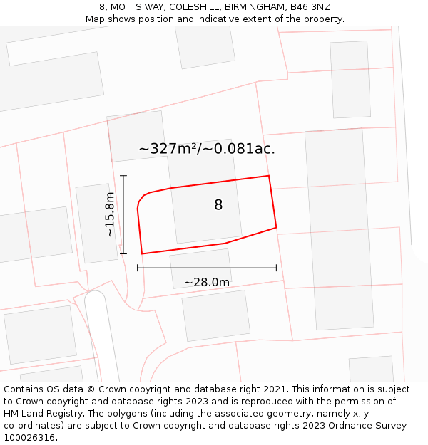 8, MOTTS WAY, COLESHILL, BIRMINGHAM, B46 3NZ: Plot and title map