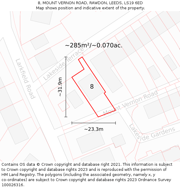 8, MOUNT VERNON ROAD, RAWDON, LEEDS, LS19 6ED: Plot and title map