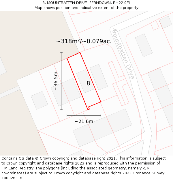 8, MOUNTBATTEN DRIVE, FERNDOWN, BH22 9EL: Plot and title map